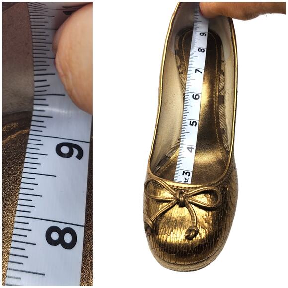 Coach Shoes Womens 6.5 Gold Metallic Crackled Bow Tie Wedge Espadrille Heels Y2k - Picture 13 of 13